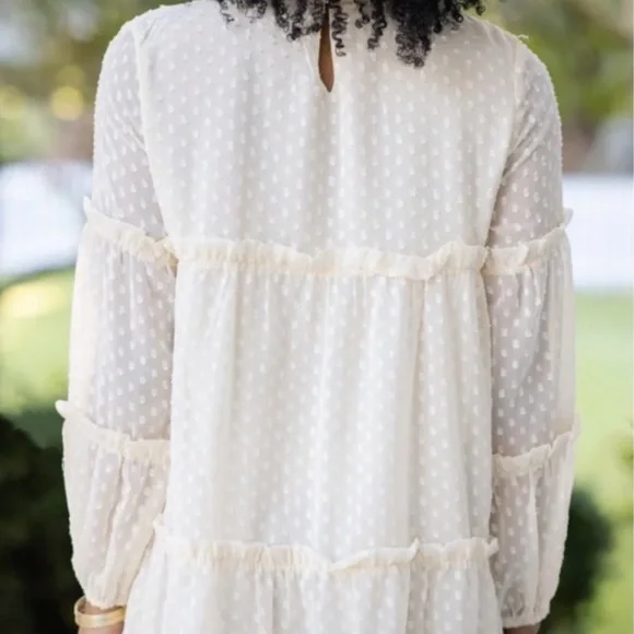 SOLUTION Cream off white Swiss Dot Babydoll Dress long sleeve ruffled edges Sz S - Picture 2 of 14